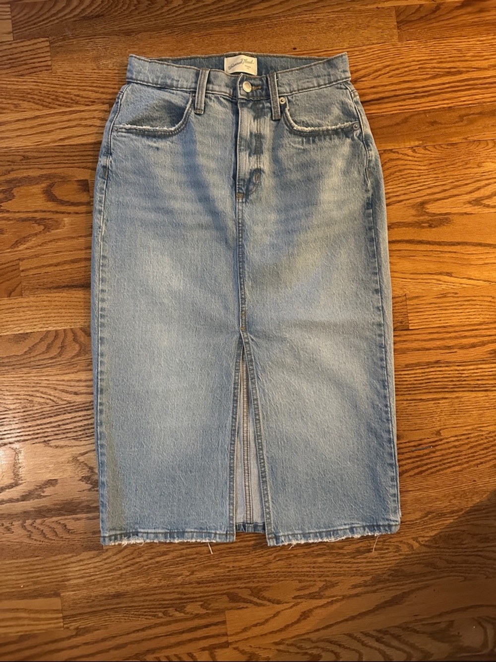 Light Wash Denim Midi Skirt with Front Slit